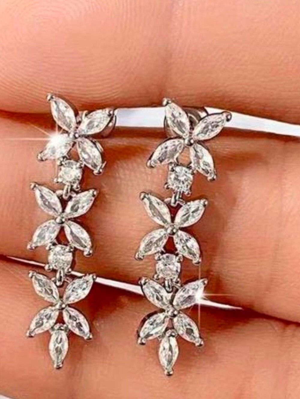 $8 Each Or Bundle 5/$20 Sterling Silver Floral Drop Earrings with Clear Stones